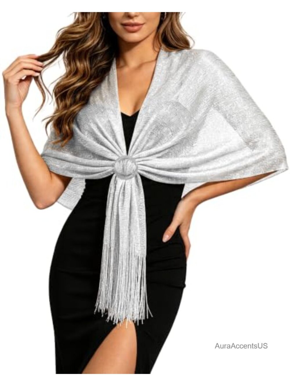 Sparkling Metallic Shawl Wrap for Evening Dresses with Buckle